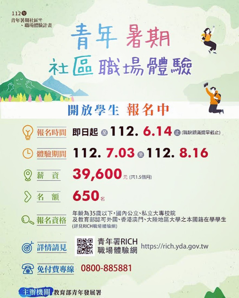 同學照過來～照過來～
想要返鄉工作嗎？用1.5個月了解家鄉的產業，從工作中了解社會、藝術、自然三個知識，王功蚵藝文化協會，邀請您一次度過難忘的暑假！


報名在5月底前截止名額有限🎉
&nbsp;
報名網站
https://rich.yda.gov.tw/rich/#/job/search
&nbsp;


聯絡專線：04-8936657 蔡先生